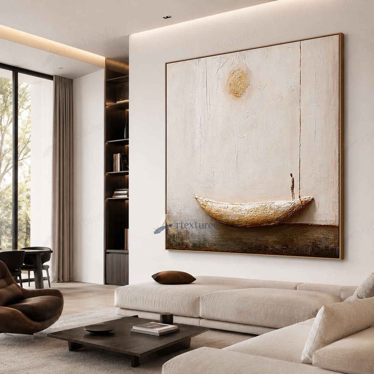 Minimalist Boat Sun Wall Art – Hand-Painted Neutral Abstract Canvas#wp261011