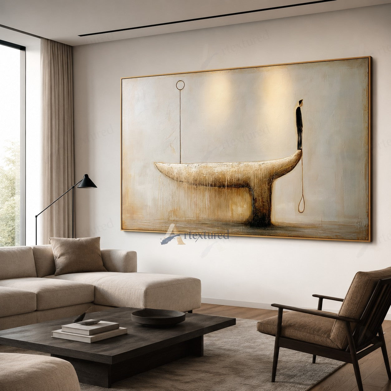 Minimalist Golden Boat Wall Art – Hand-Painted Neutral Abstract Canvas#wp261012