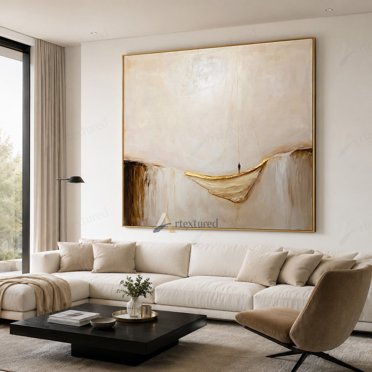 Minimalist Boat Abstract Wall Art – Hand-Painted Neutral Canvas#wp261013