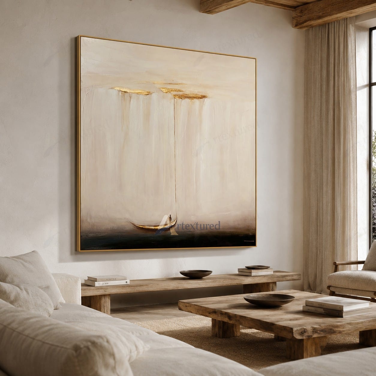 Minimalist Boat Cloud Wall Art – Hand-Painted Neutral Abstract Canvas#wp261014