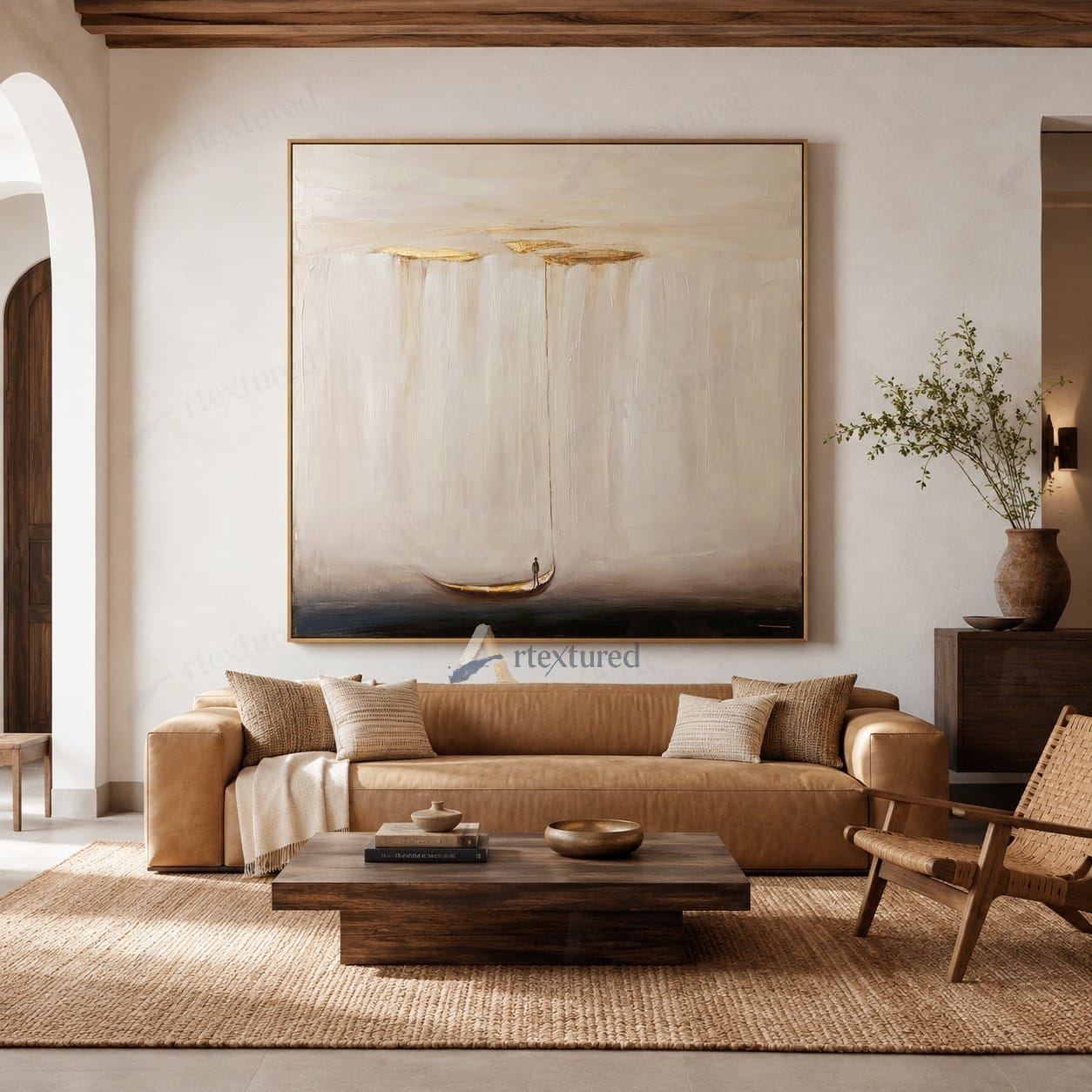 Minimalist Boat Cloud Wall Art – Hand-Painted Neutral Abstract Canvas#wp261014