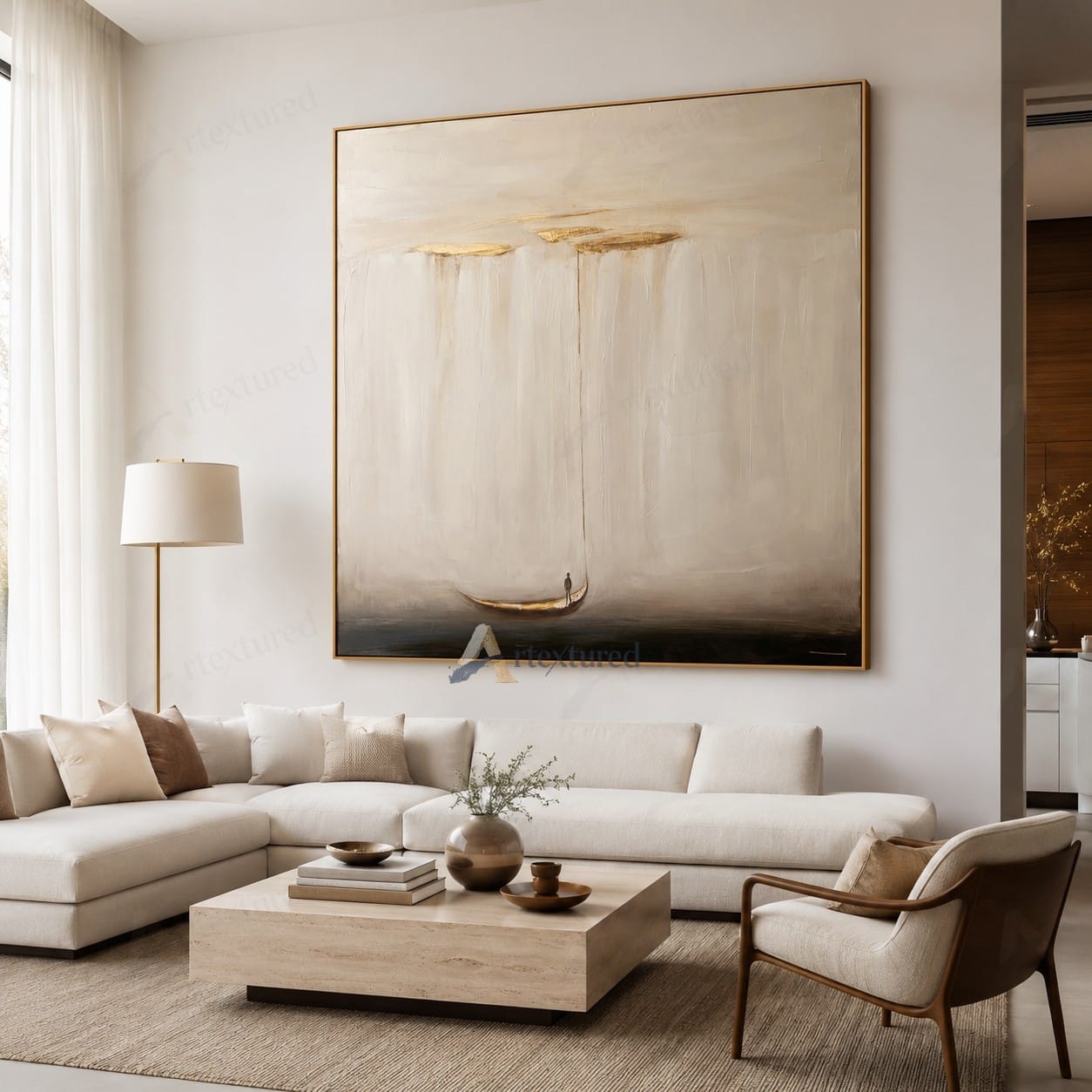 Minimalist Boat Cloud Wall Art – Hand-Painted Neutral Abstract Canvas#wp261014