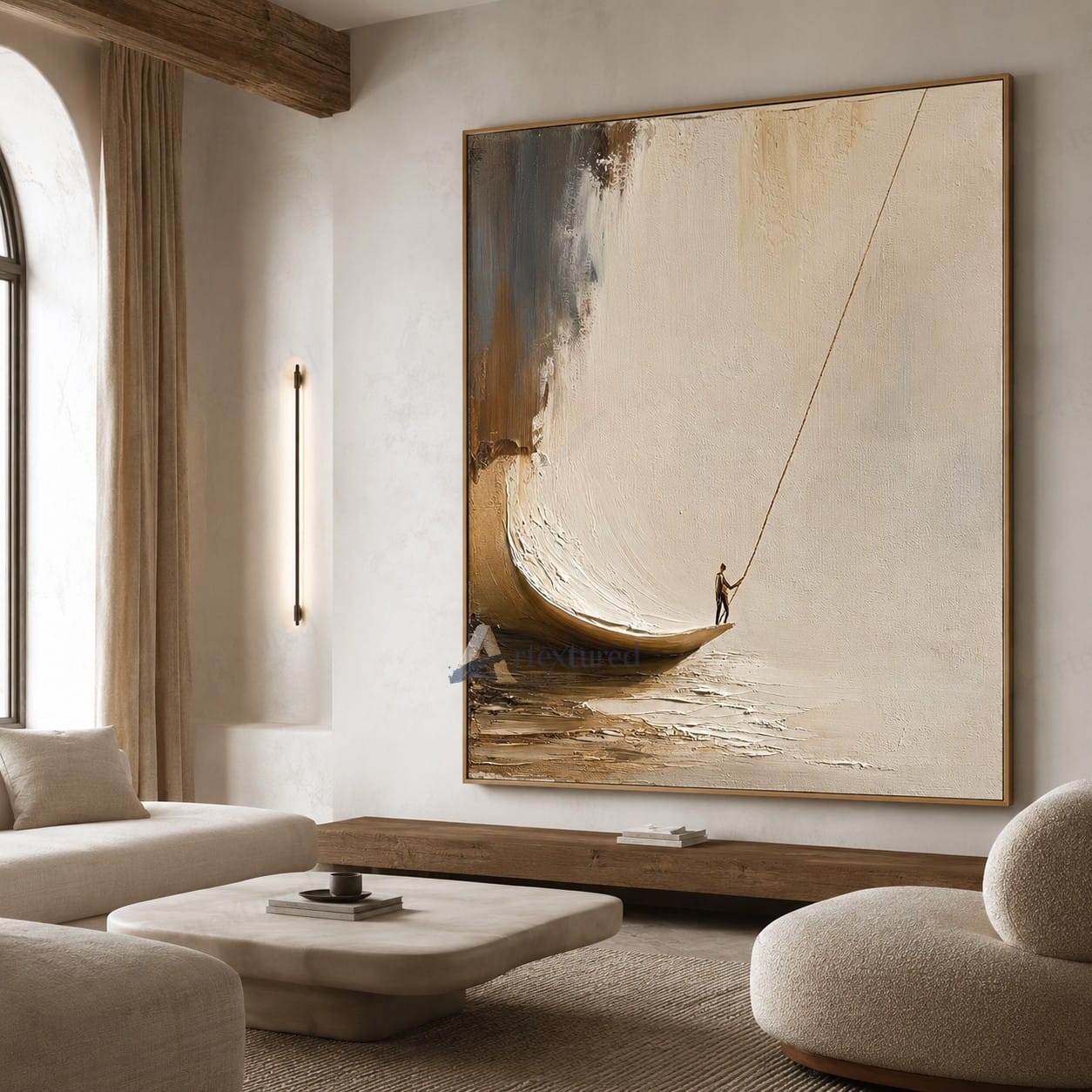Minimalist Boat Figure Wall Art – Hand-Painted Neutral Abstract Canvas#wp261017