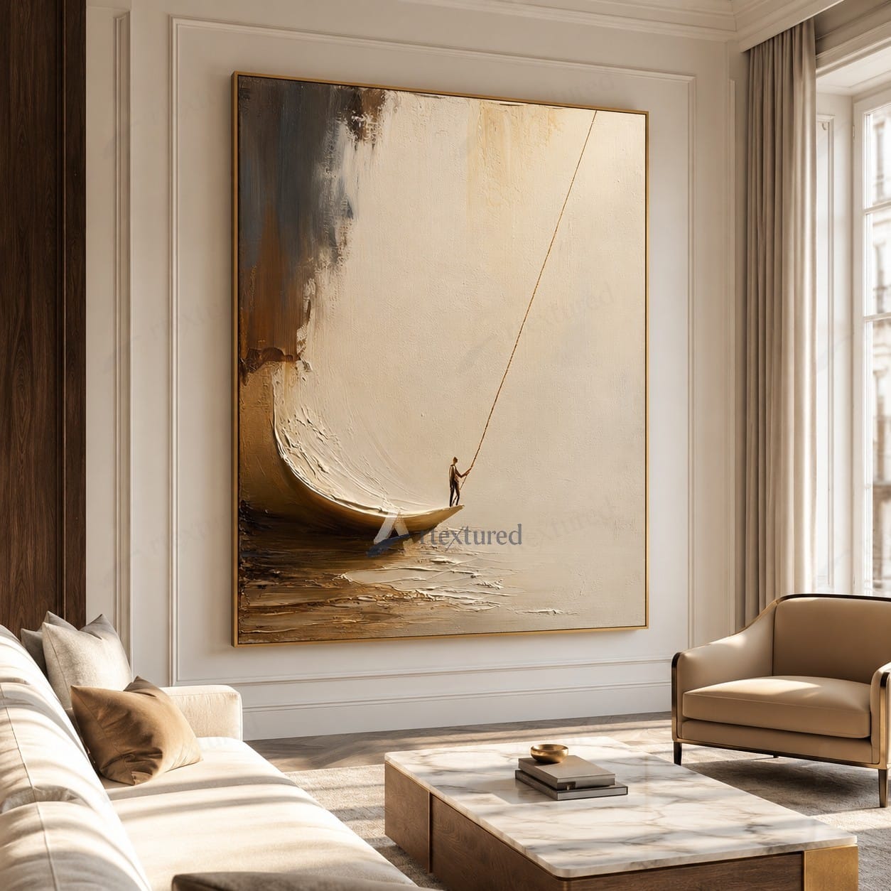 Minimalist Boat Figure Wall Art – Hand-Painted Neutral Abstract Canvas#wp261017