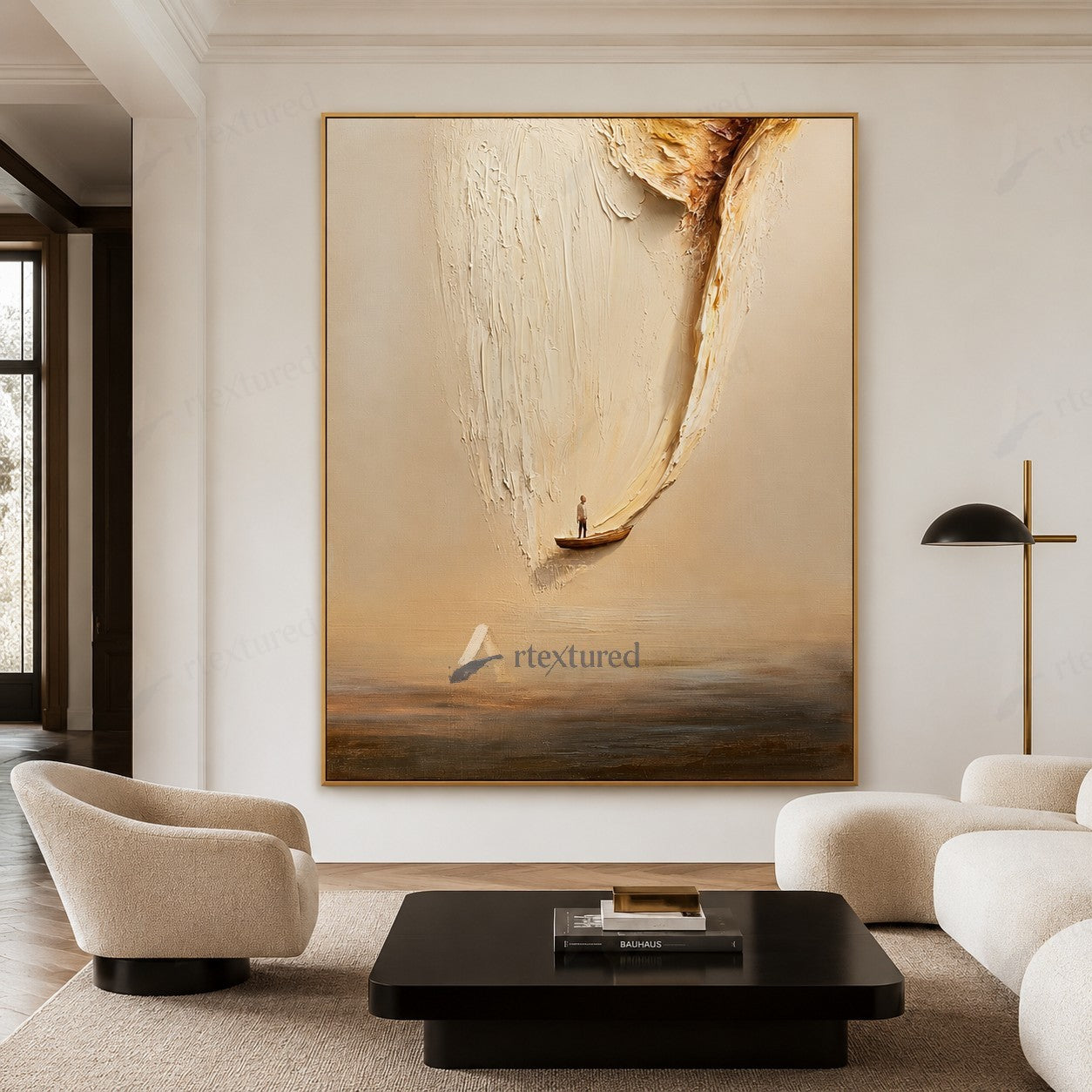 Minimalist Boat Light Wall Art – Hand-Painted Neutral Abstract Canvas#wp261018