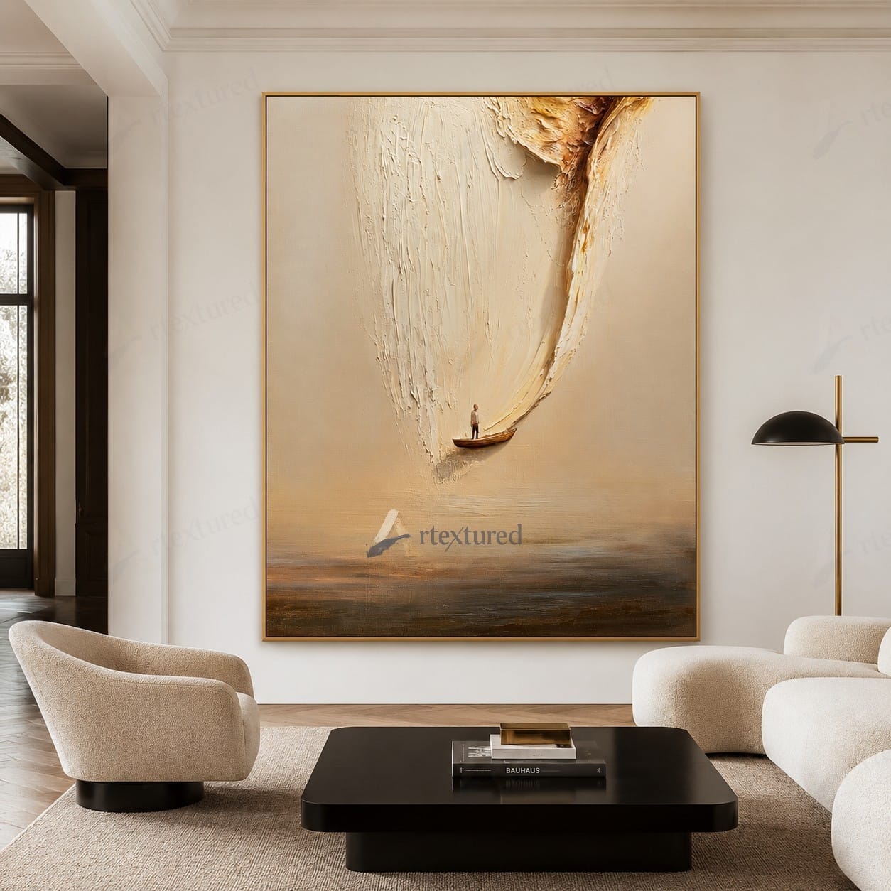 Minimalist Boat Light Wall Art – Hand-Painted Neutral Abstract Canvas#wp261018