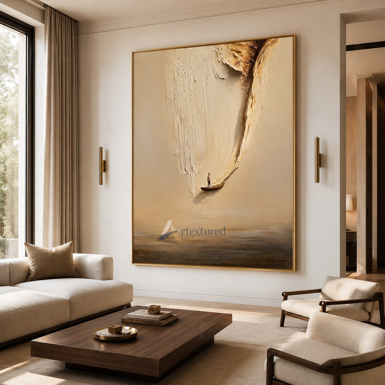 Minimalist Boat Light Wall Art – Hand-Painted Neutral Abstract Canvas#wp261018