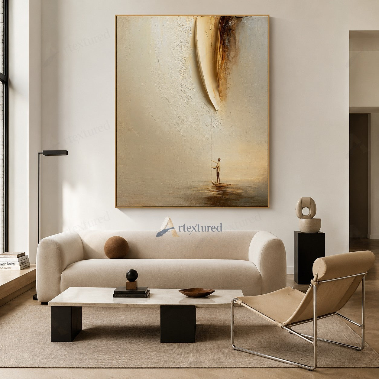 Minimalist Boat Reflection Wall Art – Hand-Painted Neutral Abstract Canvas#wp261021