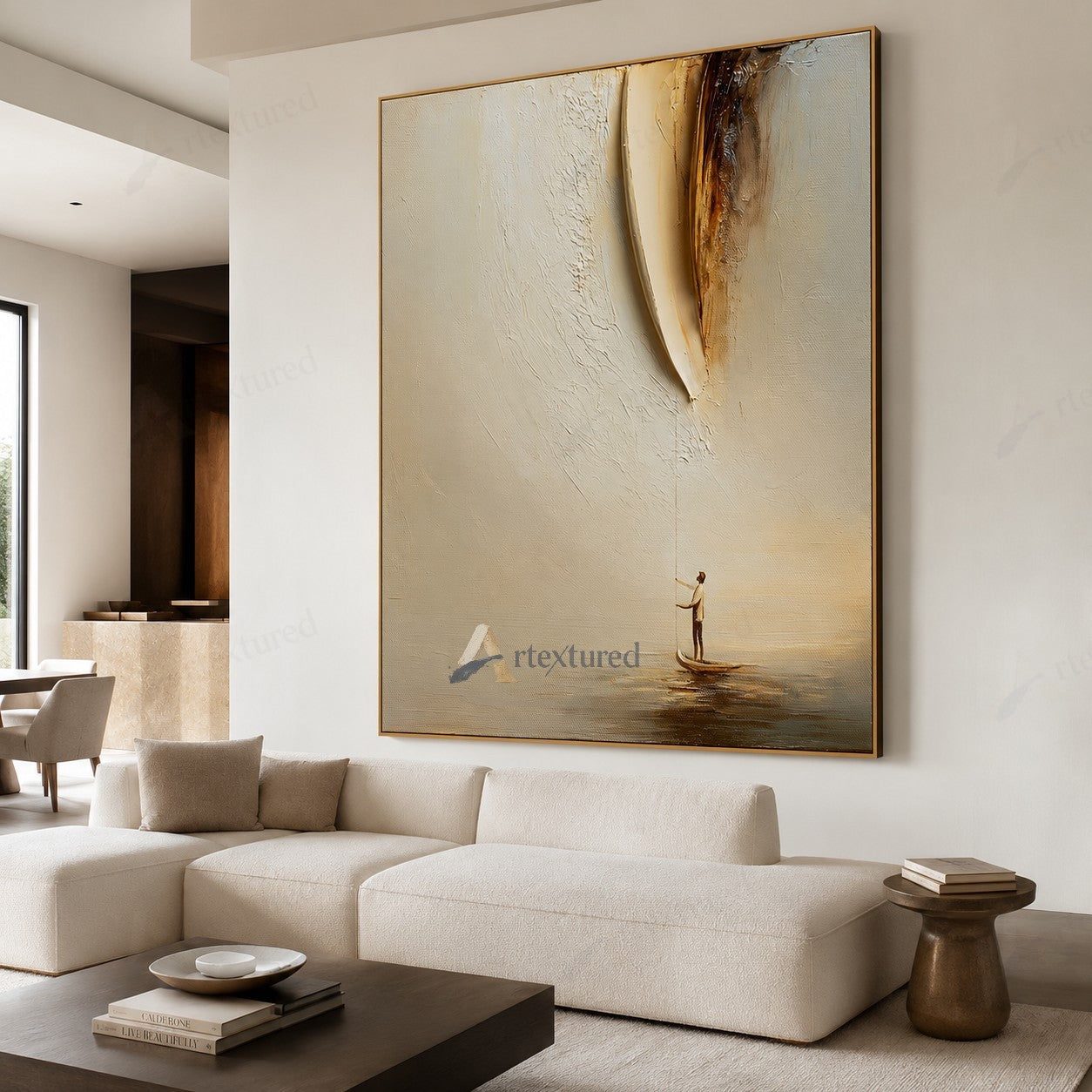 Minimalist Boat Reflection Wall Art – Hand-Painted Neutral Abstract Canvas#wp261021