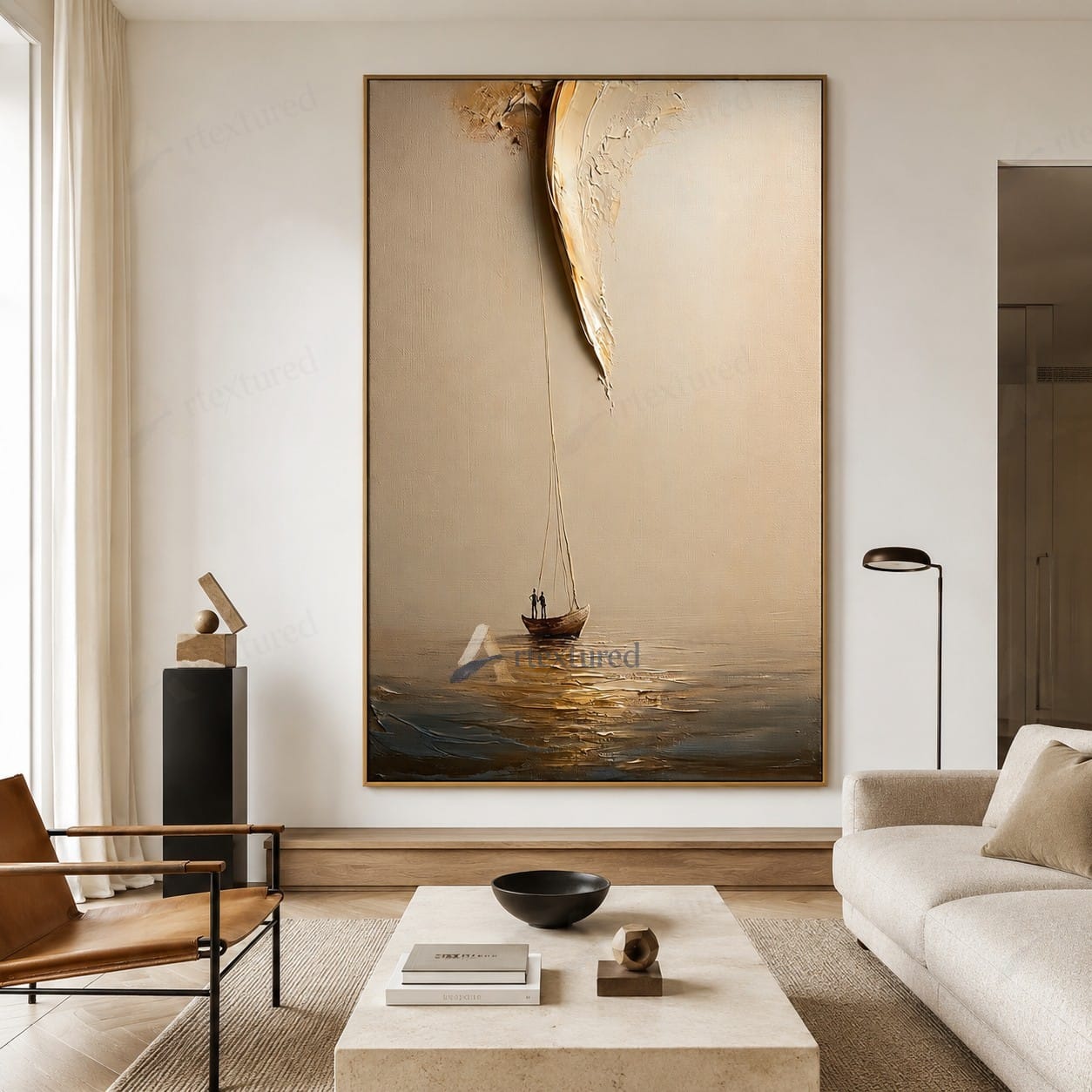 Minimalist Boat Light Wall Art – Hand-Painted Vertical Abstract Canvas#wp261022