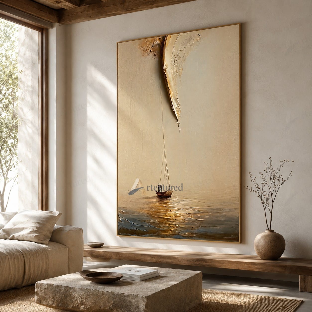 Minimalist Boat Light Wall Art – Hand-Painted Vertical Abstract Canvas#wp261022