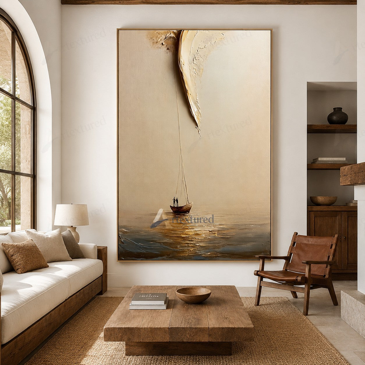 Minimalist Boat Light Wall Art – Hand-Painted Vertical Abstract Canvas#wp261022