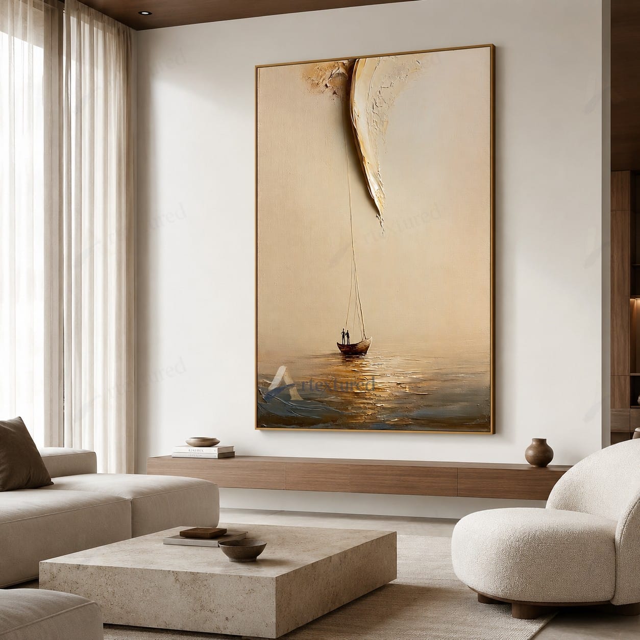 Minimalist Boat Light Wall Art – Hand-Painted Vertical Abstract Canvas#wp261022