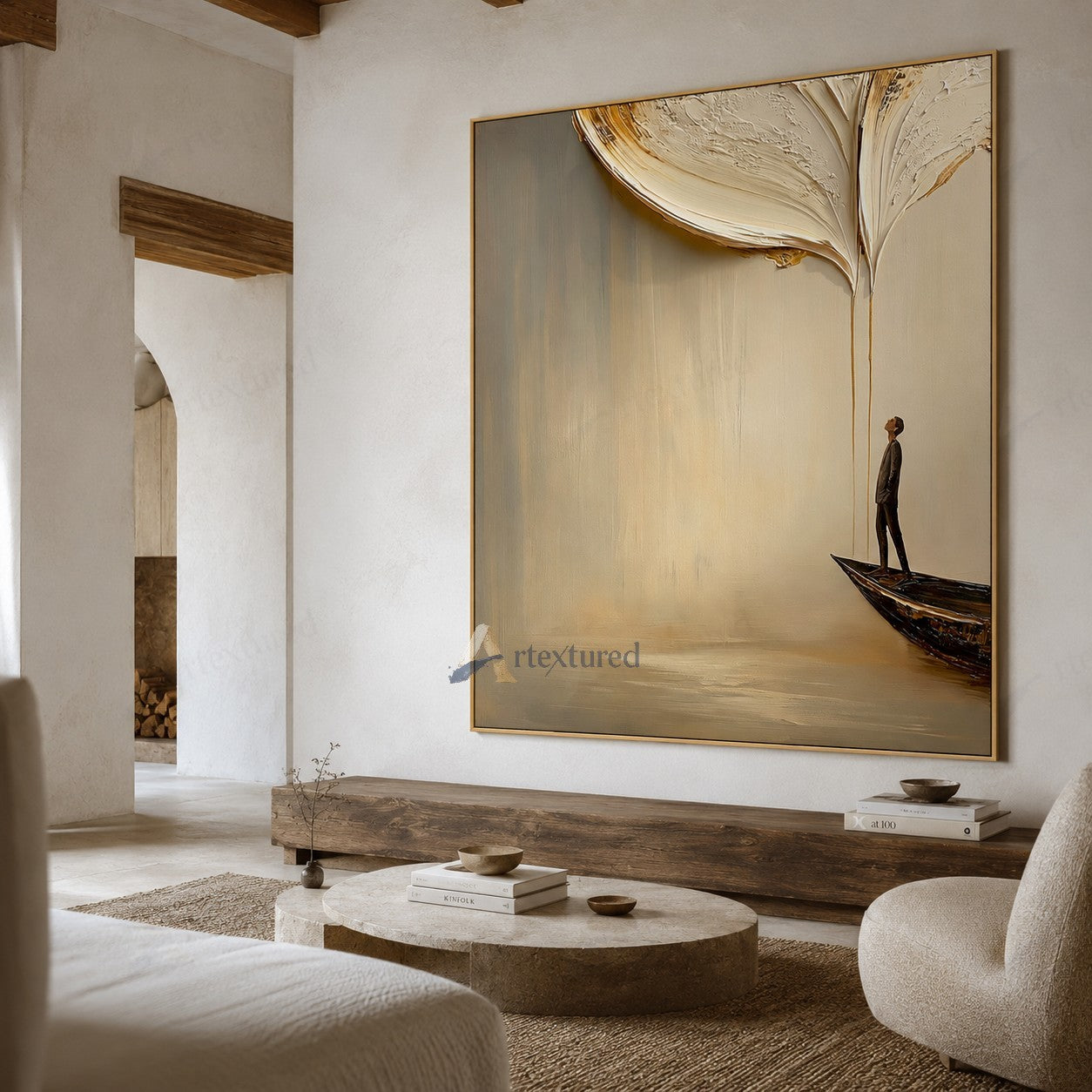 Minimalist Boat Figure Wall Art – Hand-Painted Neutral Abstract Canvas#wp261023