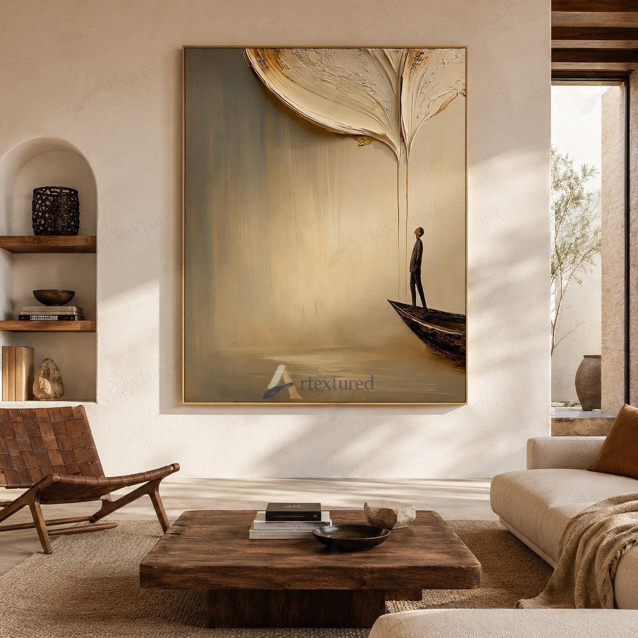 Minimalist Boat Figure Wall Art – Hand-Painted Neutral Abstract Canvas#wp261023