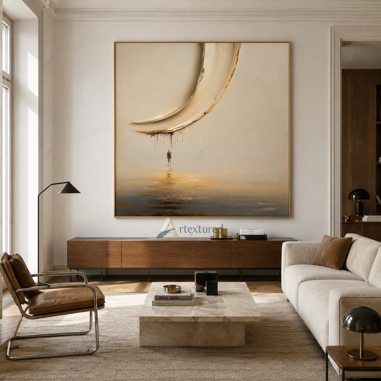 Minimalist Boat Reflection Wall Art – Hand-Painted Neutral Abstract Canvas#wp261024