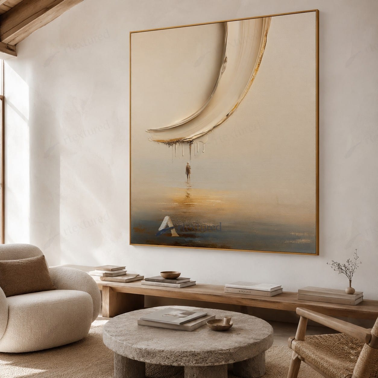 Minimalist Boat Reflection Wall Art – Hand-Painted Neutral Abstract Canvas#wp261024