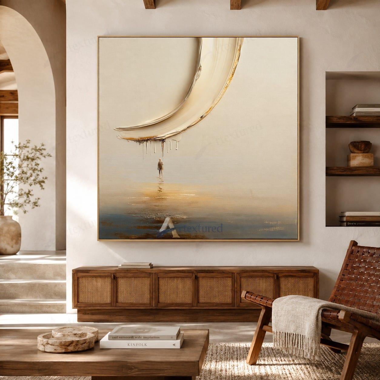 Minimalist Boat Reflection Wall Art – Hand-Painted Neutral Abstract Canvas#wp261024