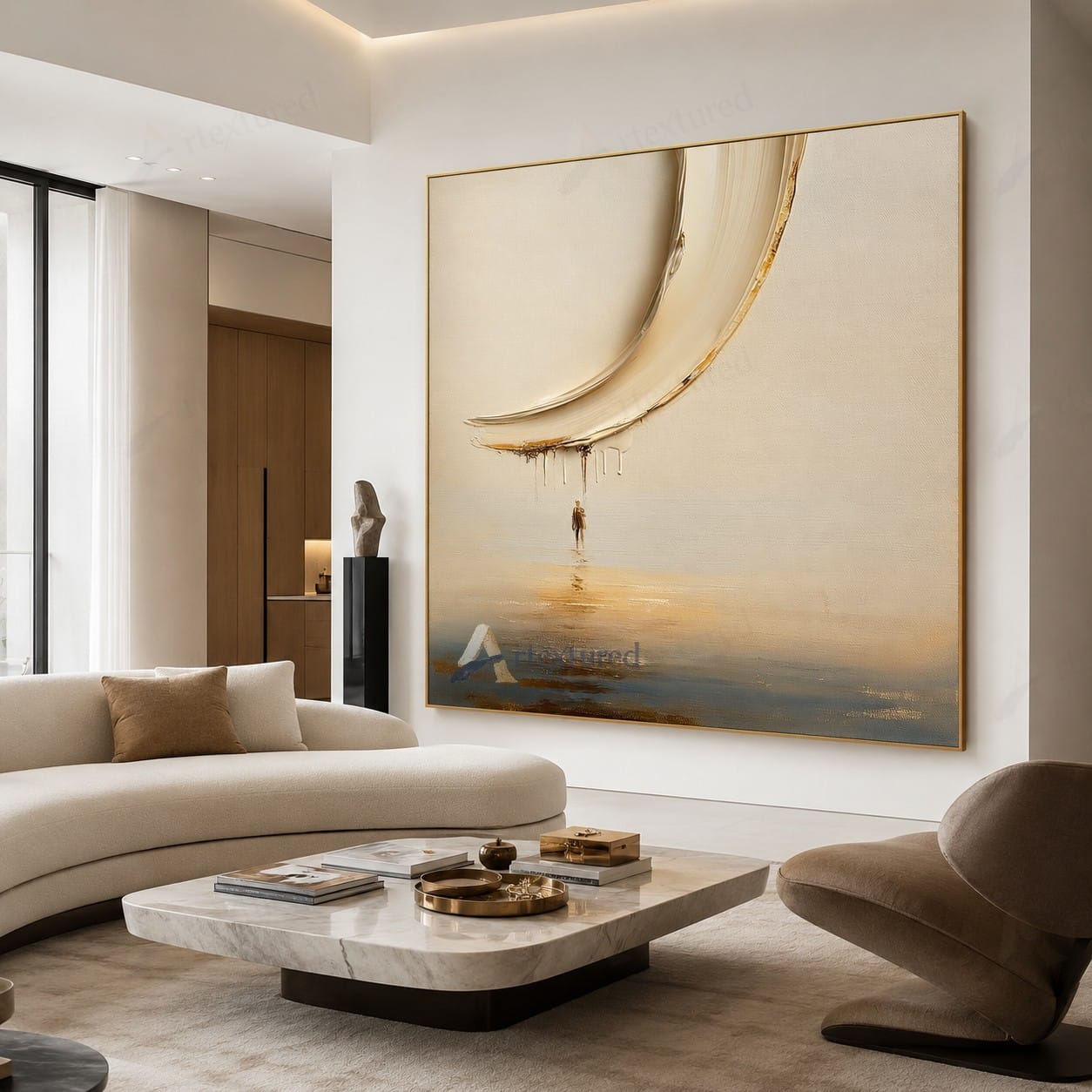 Minimalist Boat Reflection Wall Art – Hand-Painted Neutral Abstract Canvas#wp261024