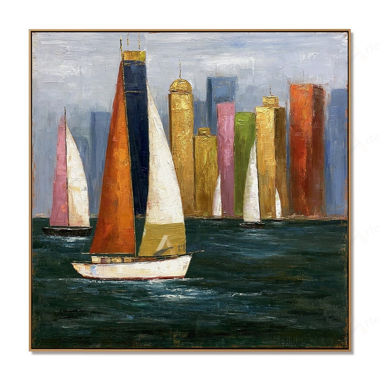 Colorful Sailboat City Wall Art – Hand-Painted Coastal Canvas#wp261059