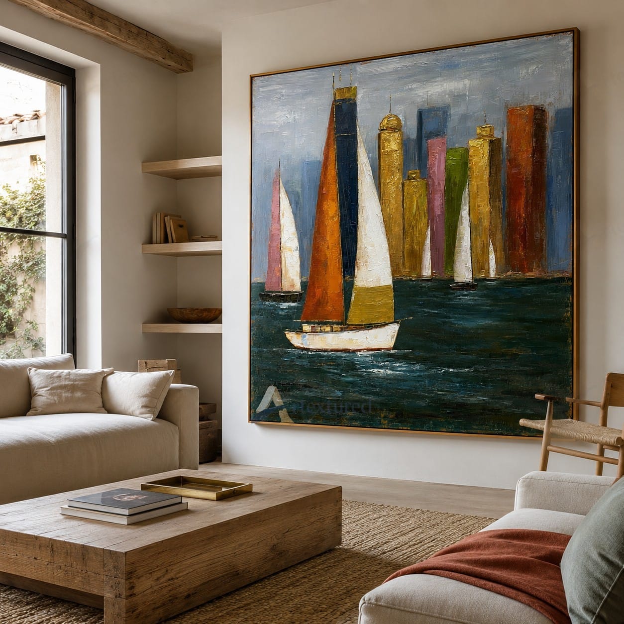Colorful Sailboat City Wall Art – Hand-Painted Coastal Canvas#wp261059
