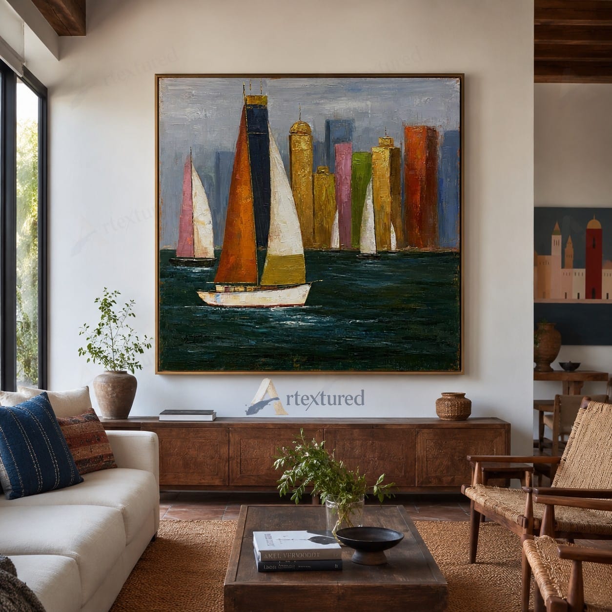 Colorful Sailboat City Wall Art – Hand-Painted Coastal Canvas#wp261059