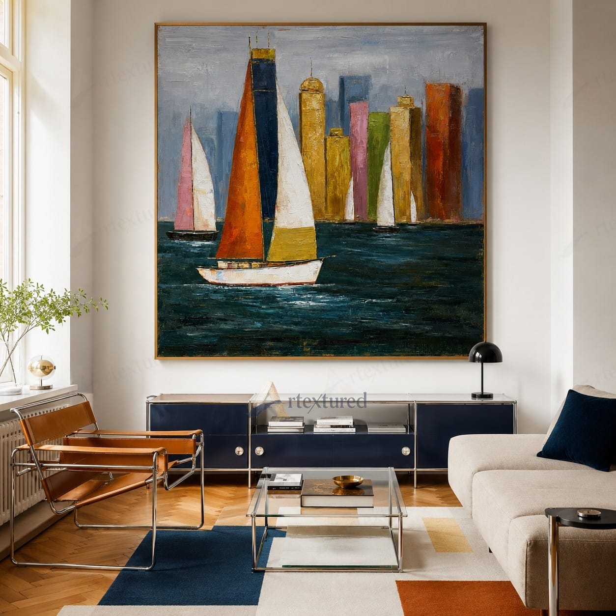 Colorful Sailboat City Wall Art – Hand-Painted Coastal Canvas#wp261059