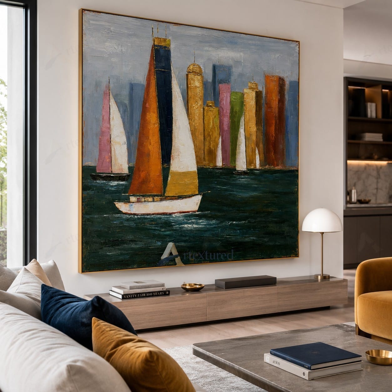 Colorful Sailboat City Wall Art – Hand-Painted Coastal Canvas#wp261059