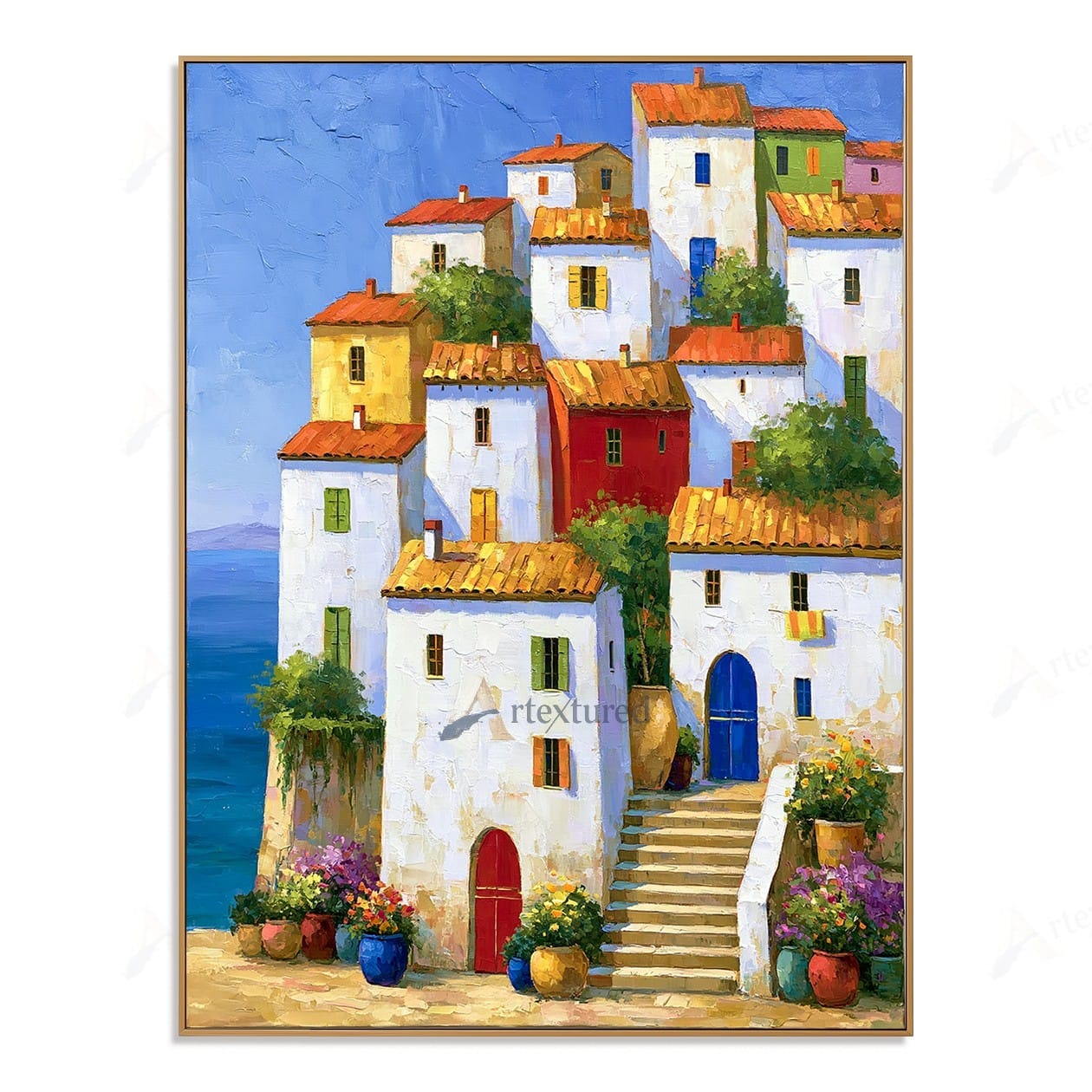 Mediterranean Village Wall Art – Hand-Painted Coastal Canvas#wp261060