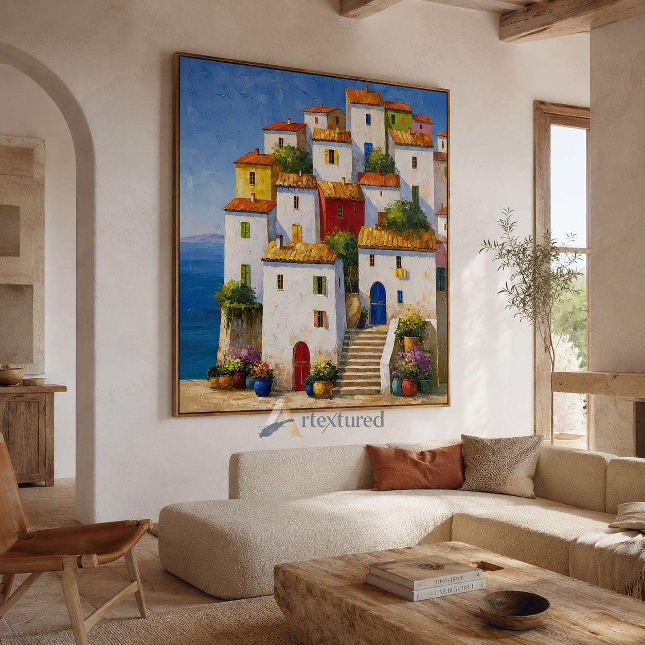 Mediterranean Village Wall Art – Hand-Painted Coastal Canvas#wp261060