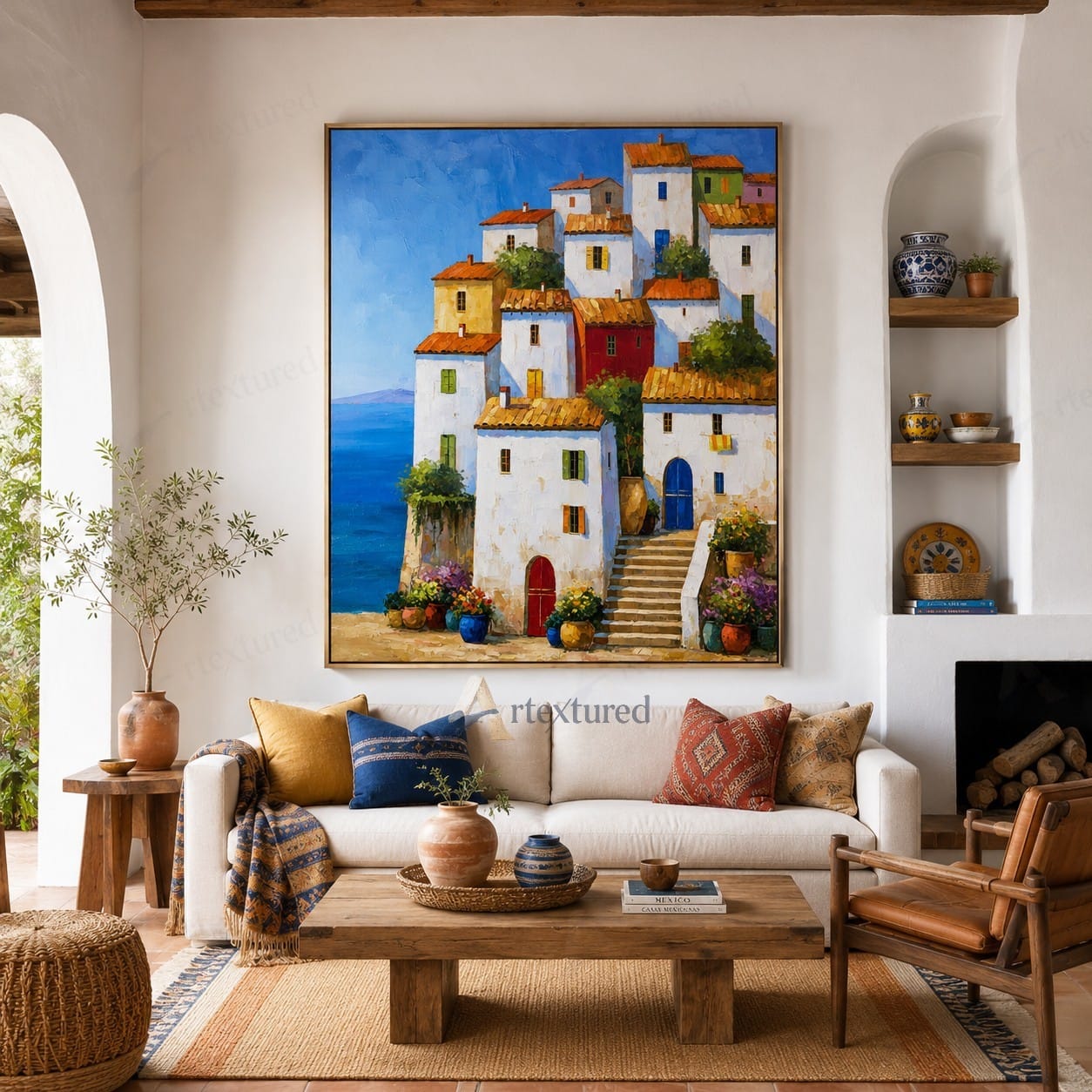 Mediterranean Village Wall Art – Hand-Painted Coastal Canvas#wp261060