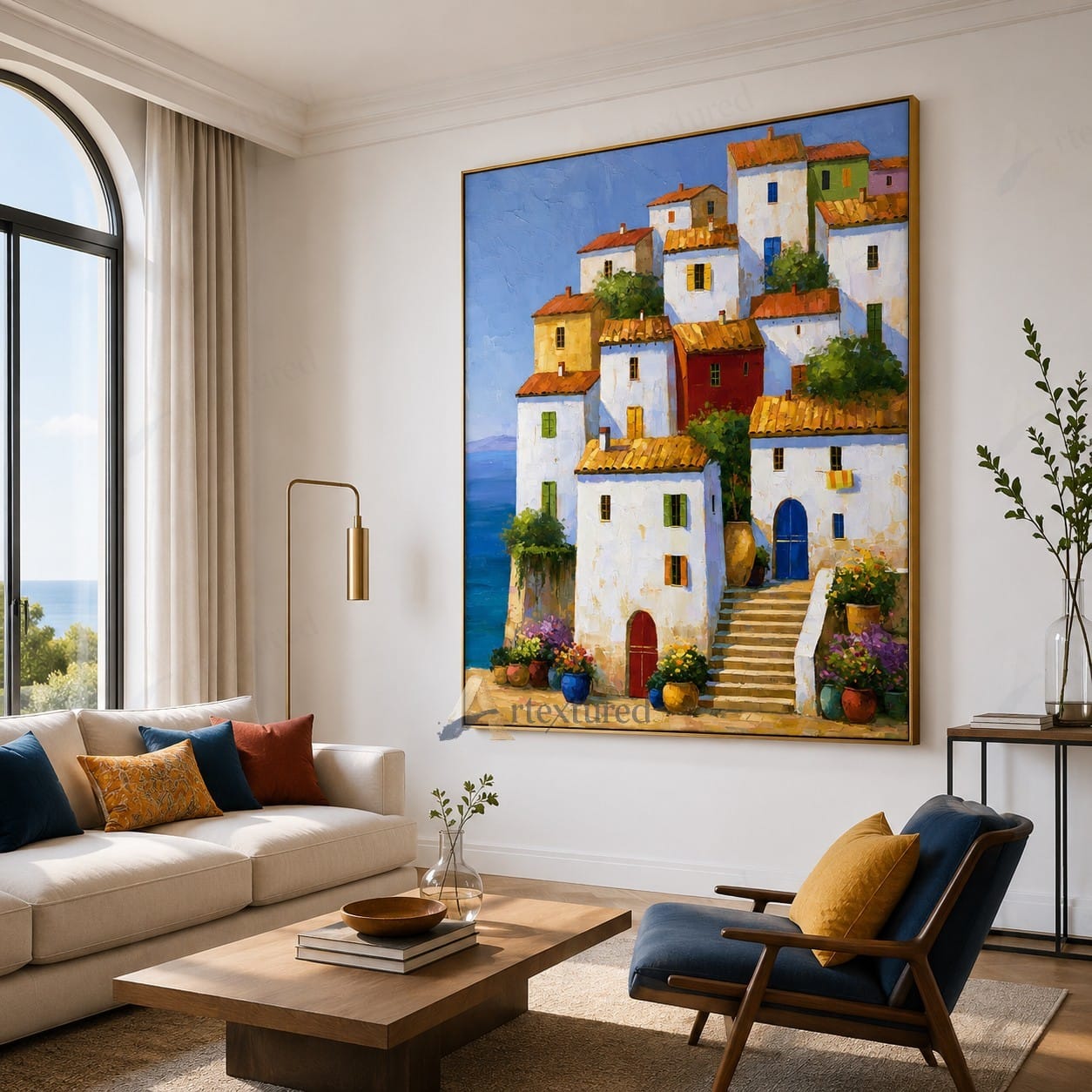 Mediterranean Village Wall Art – Hand-Painted Coastal Canvas#wp261060