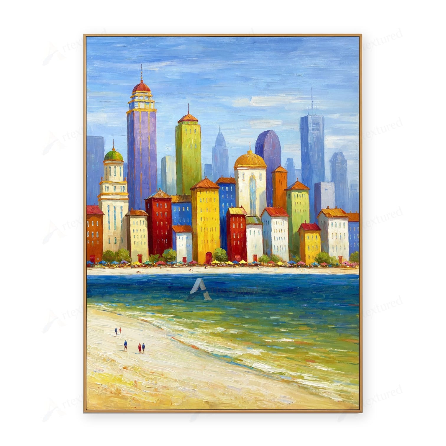 Colorful Coastal City Wall Art – Hand-Painted Skyline Canvas#wp261061