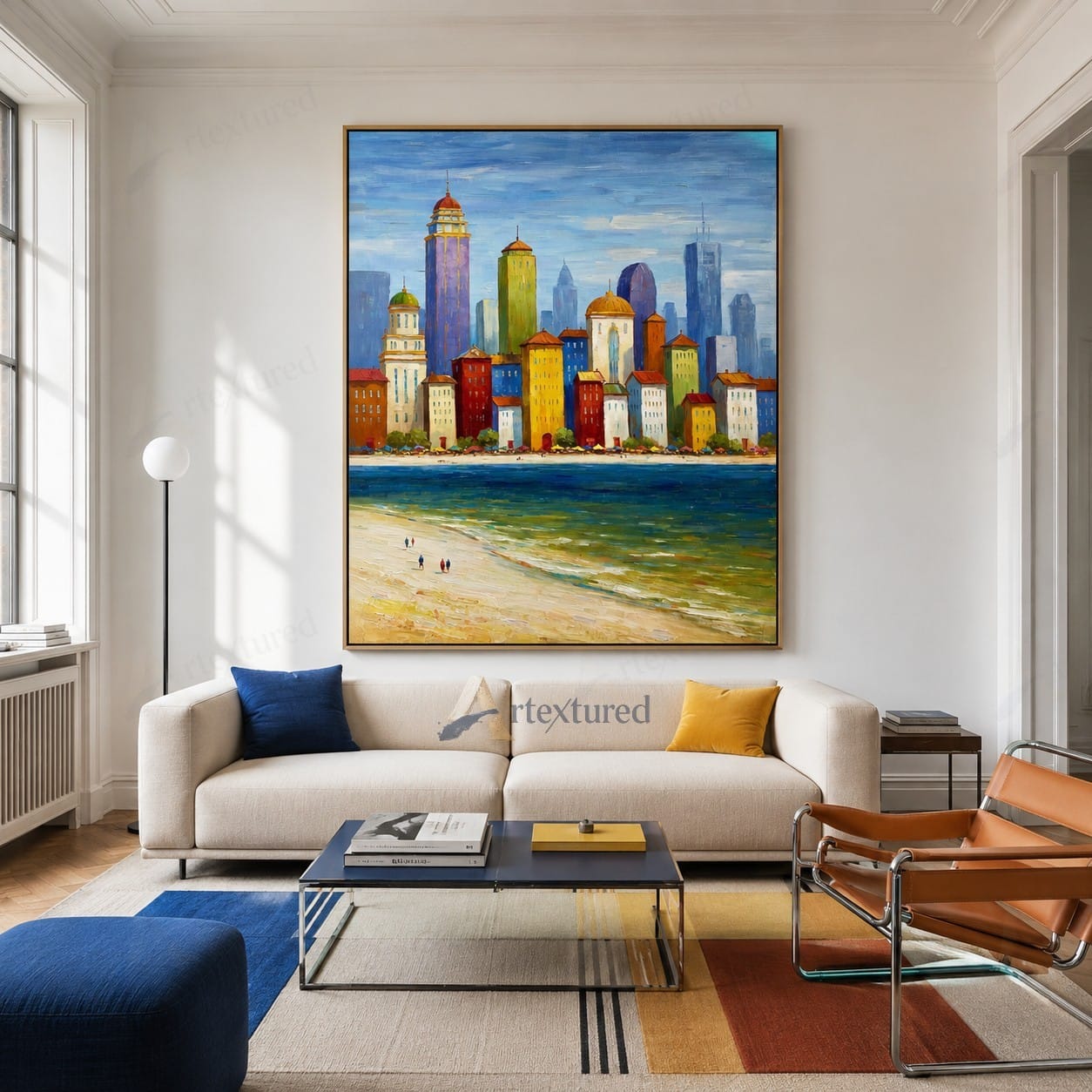 Colorful Coastal City Wall Art – Hand-Painted Skyline Canvas#wp261061