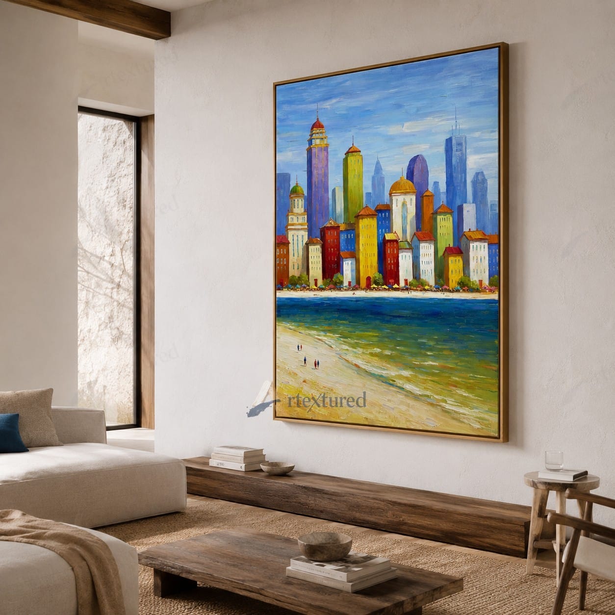 Colorful Coastal City Wall Art – Hand-Painted Skyline Canvas#wp261061