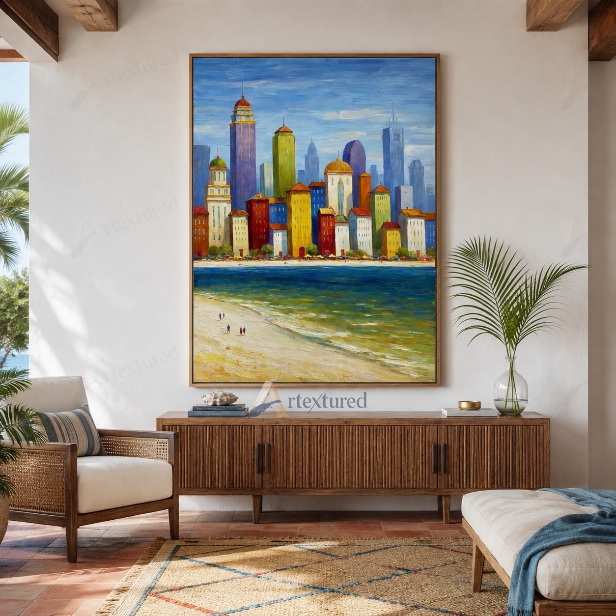 Colorful Coastal City Wall Art – Hand-Painted Skyline Canvas#wp261061