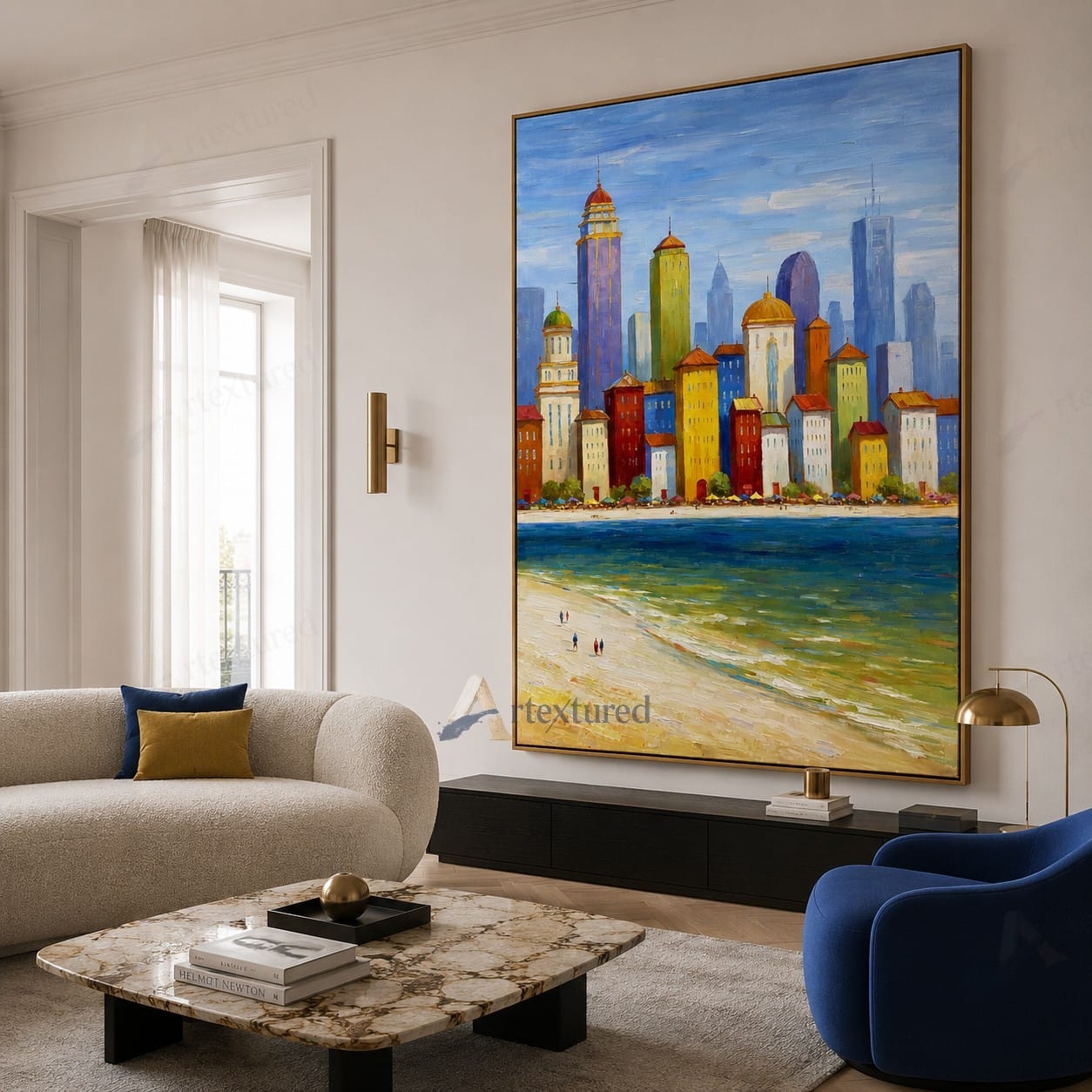 Colorful Coastal City Wall Art – Hand-Painted Skyline Canvas#wp261061