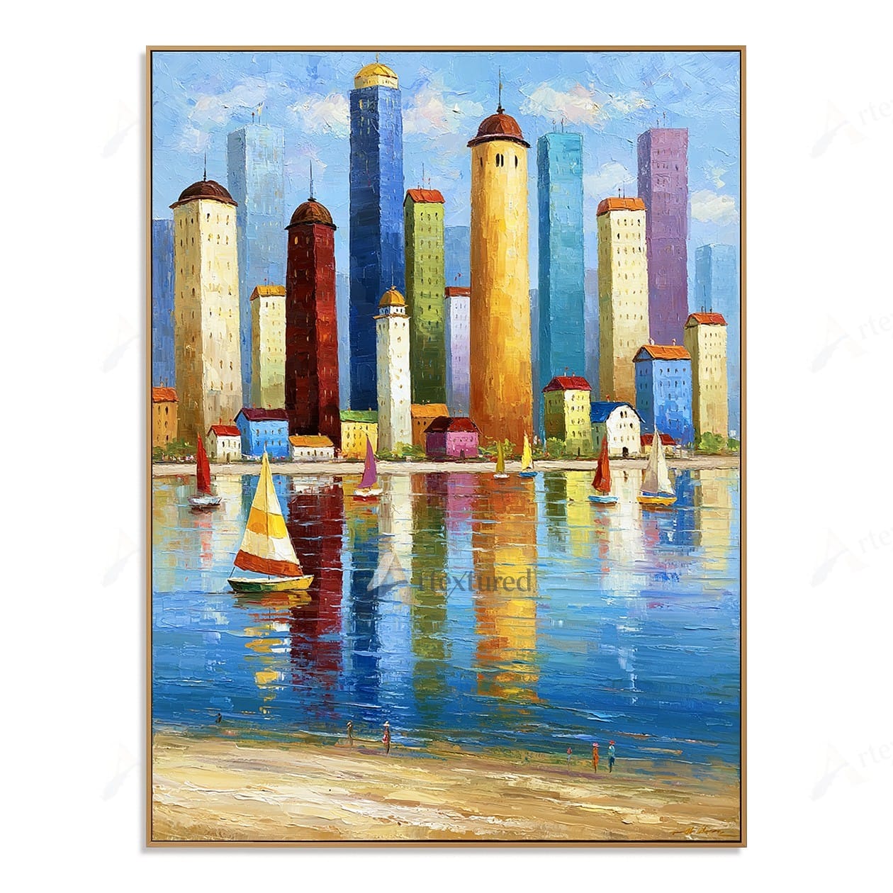 Colorful Harbor City Wall Art – Hand-Painted Sailboat Canvas#wp261062