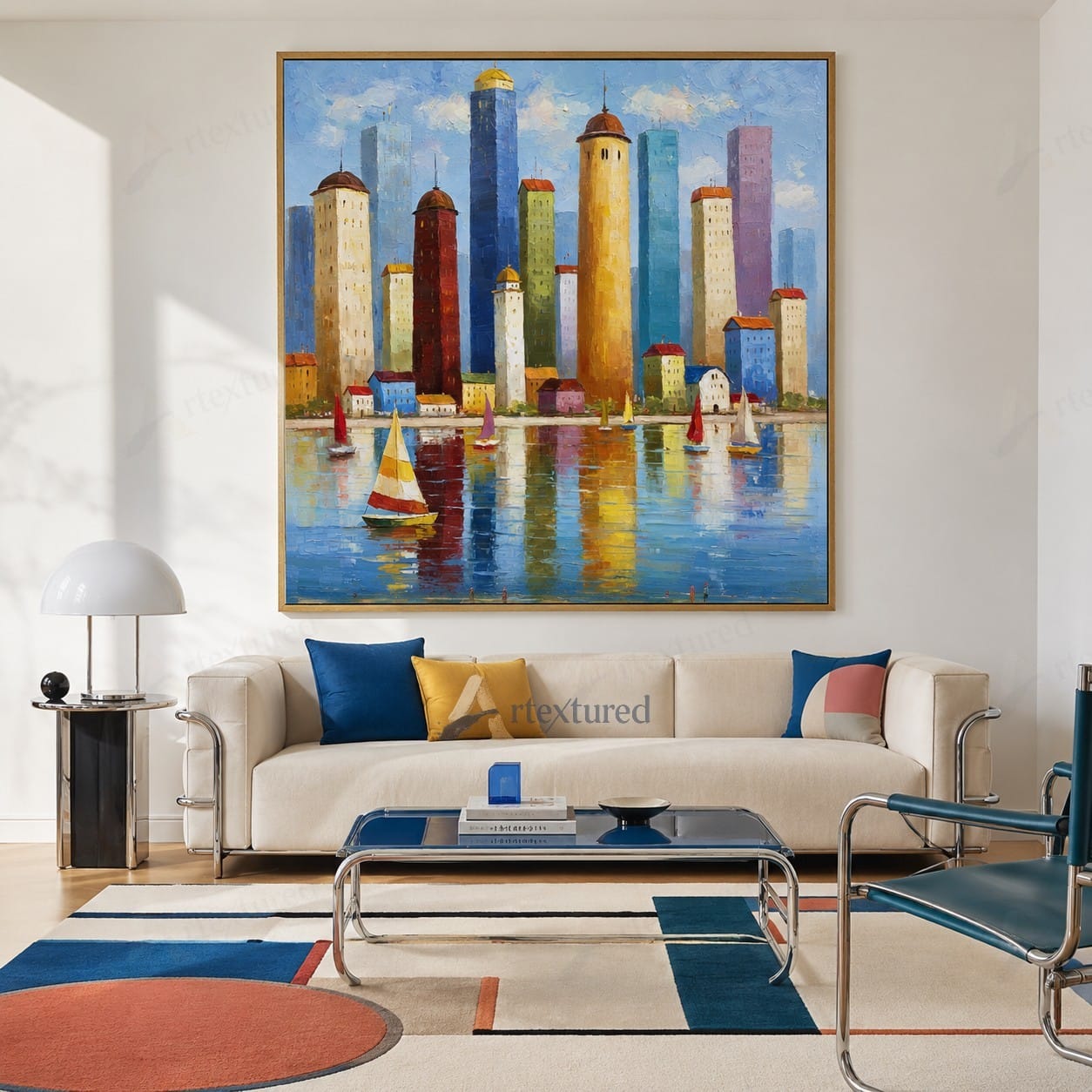 Colorful Harbor City Wall Art – Hand-Painted Sailboat Canvas#wp261062