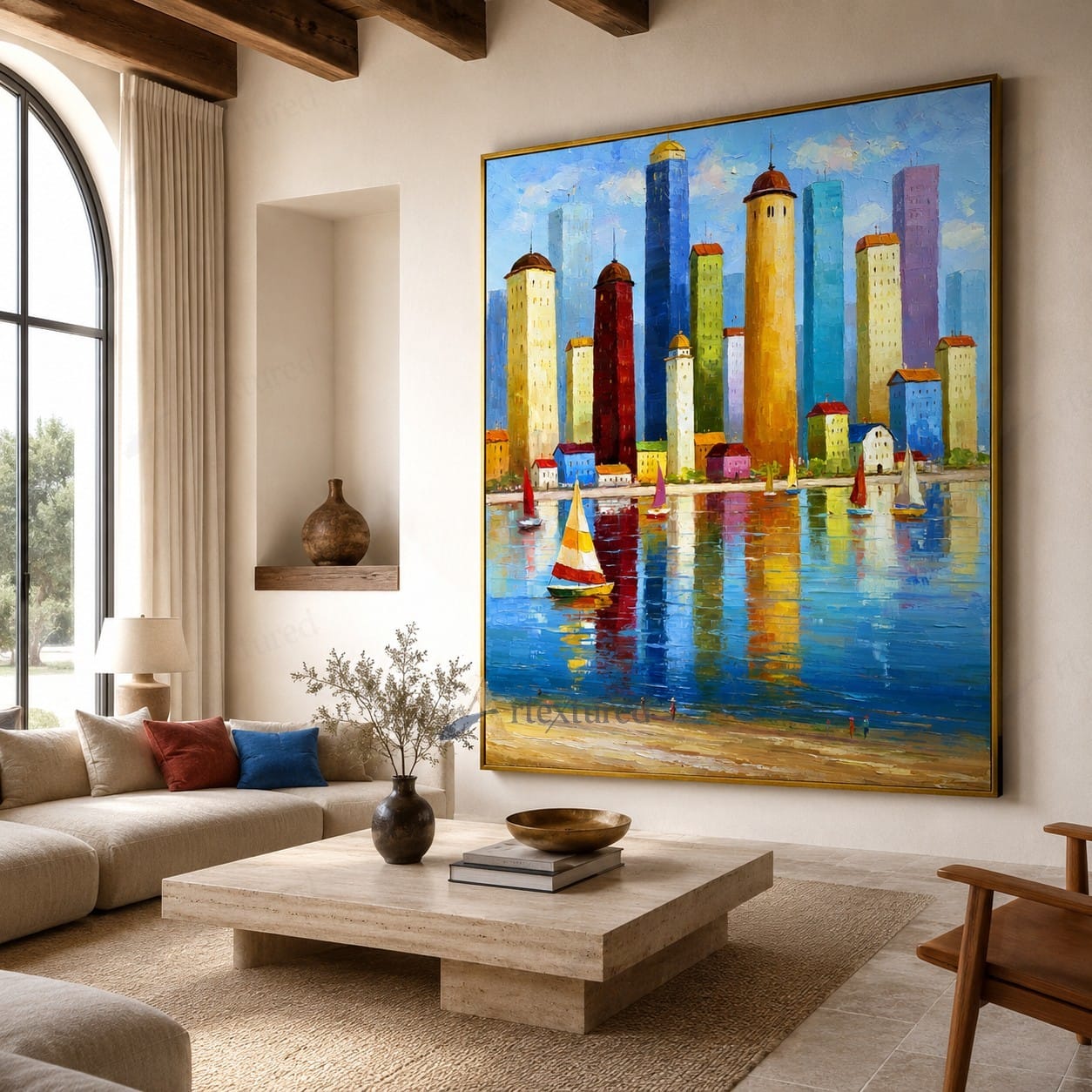 Colorful Harbor City Wall Art – Hand-Painted Sailboat Canvas#wp261062