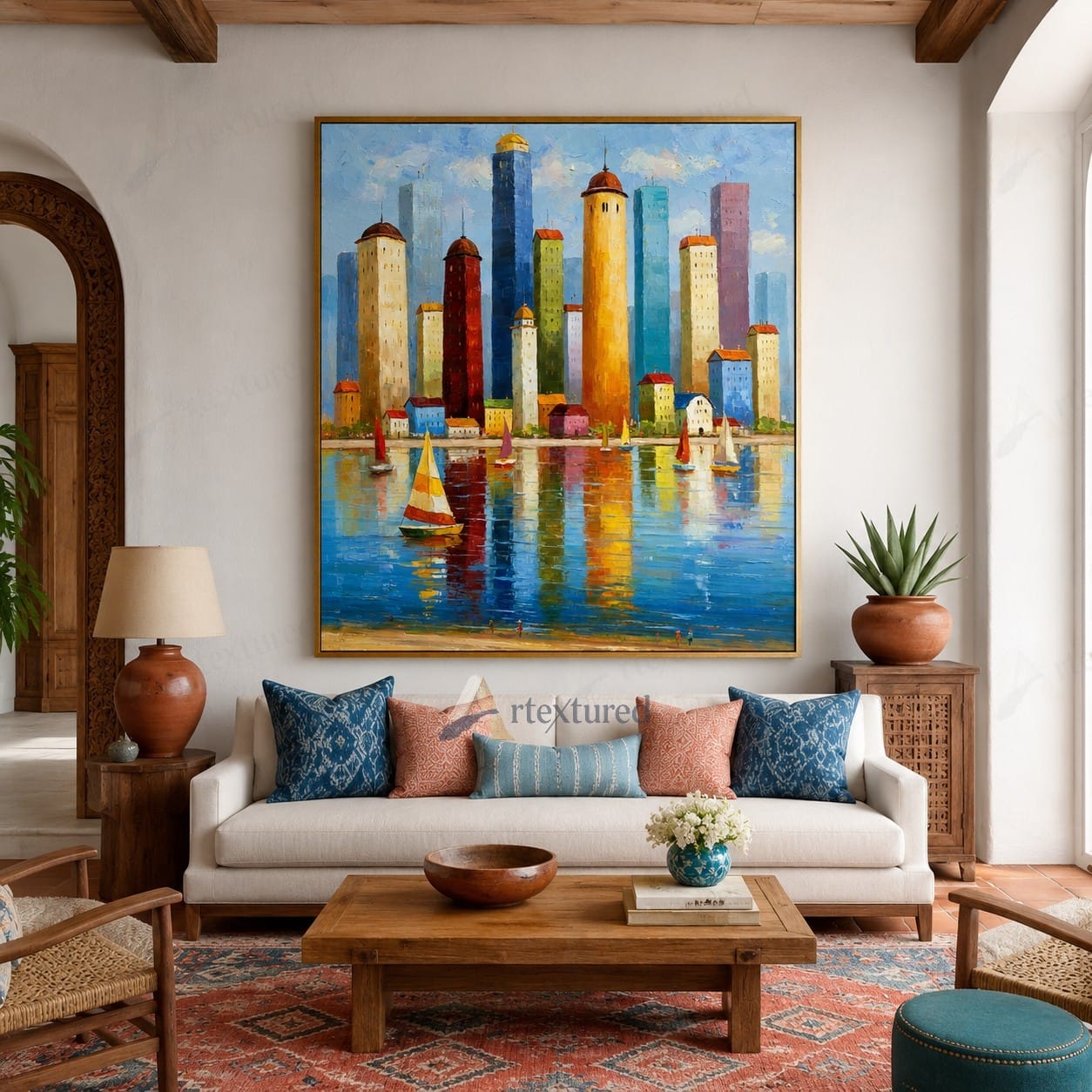 Colorful Harbor City Wall Art – Hand-Painted Sailboat Canvas#wp261062