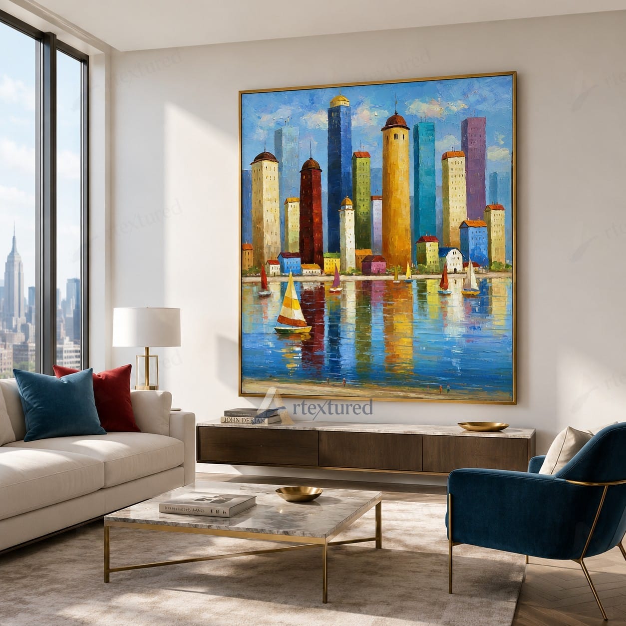 Colorful Harbor City Wall Art – Hand-Painted Sailboat Canvas#wp261062