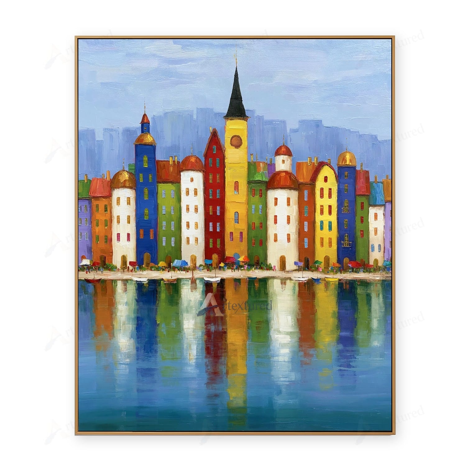 Colorful Waterfront City Wall Art – Hand-Painted Urban Canvas#wp261063
