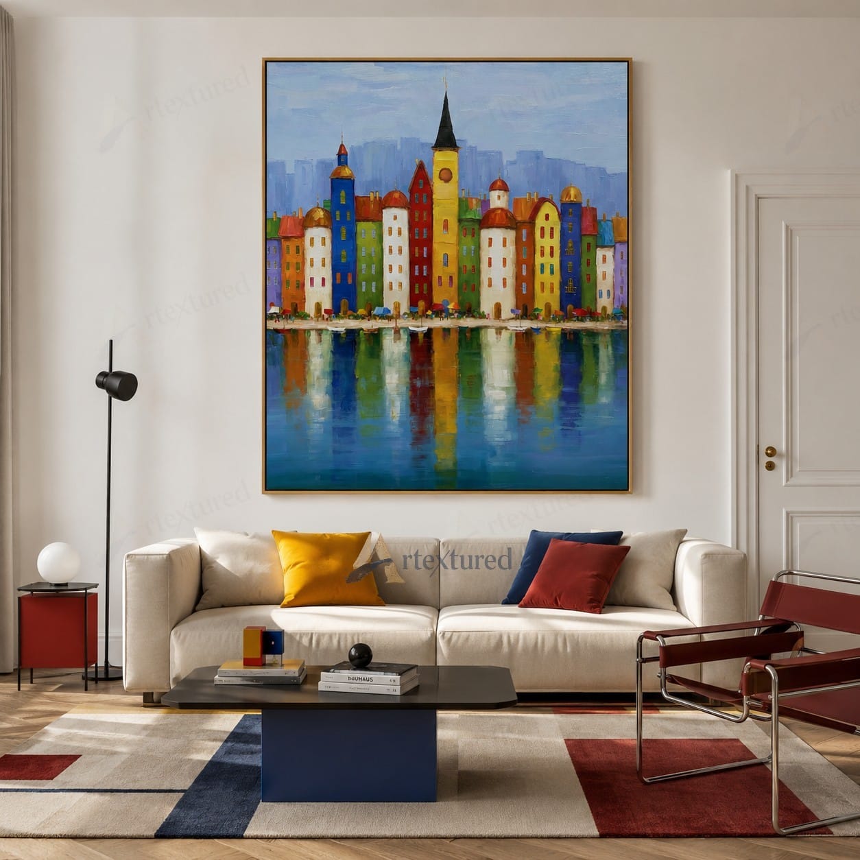 Colorful Waterfront City Wall Art – Hand-Painted Urban Canvas#wp261063