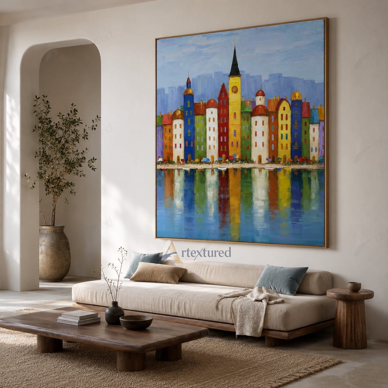 Colorful Waterfront City Wall Art – Hand-Painted Urban Canvas#wp261063