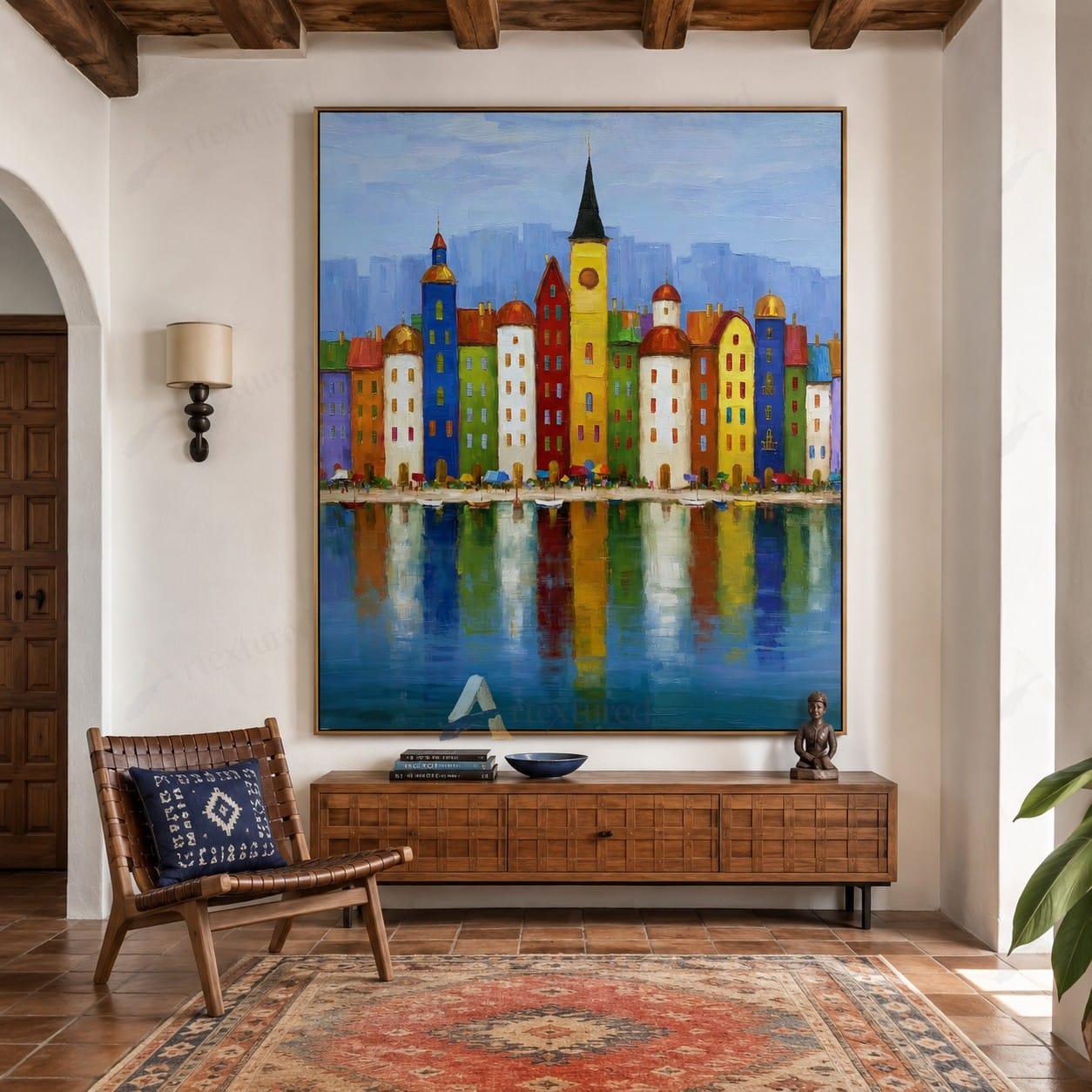 Colorful Waterfront City Wall Art – Hand-Painted Urban Canvas#wp261063