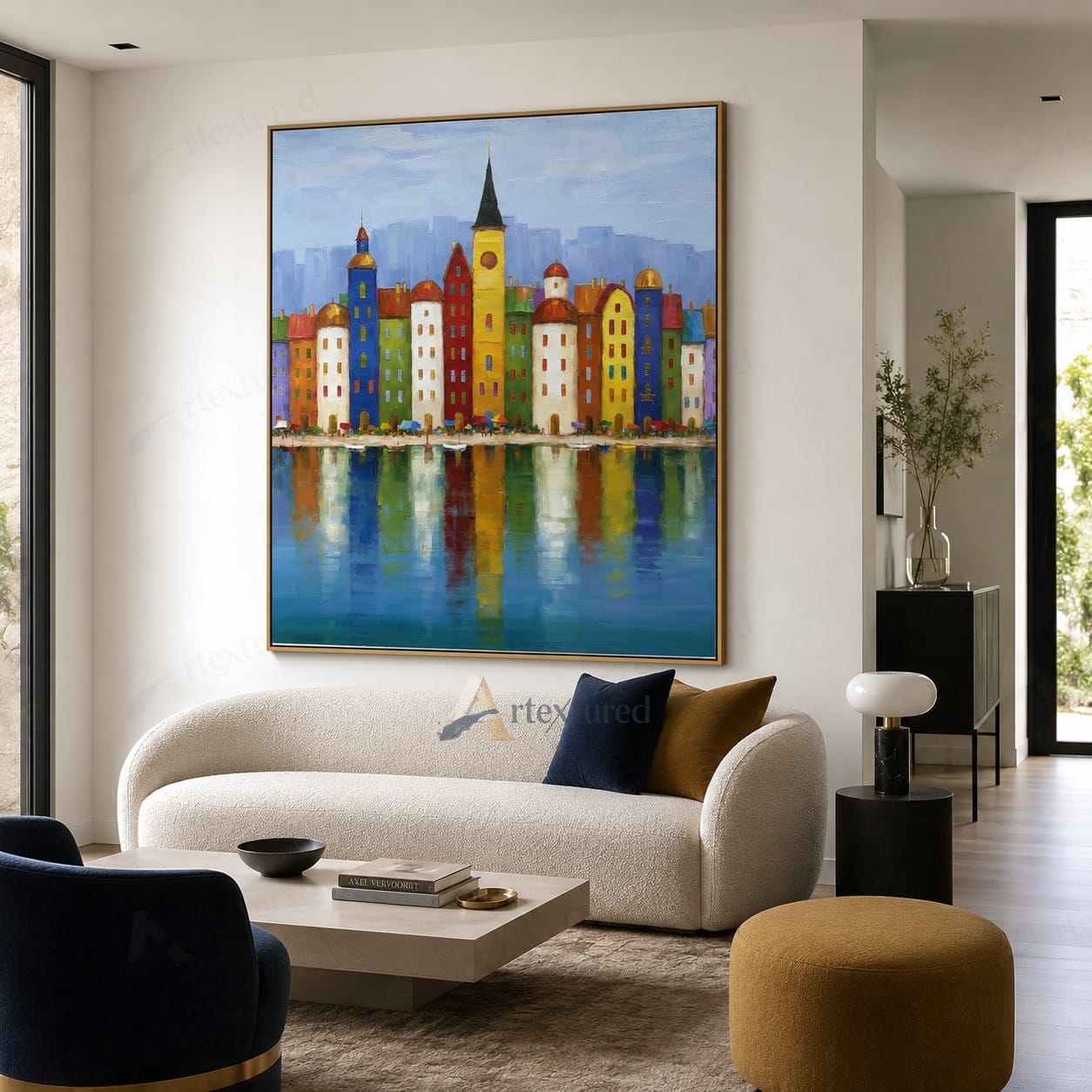 Colorful Waterfront City Wall Art – Hand-Painted Urban Canvas#wp261063