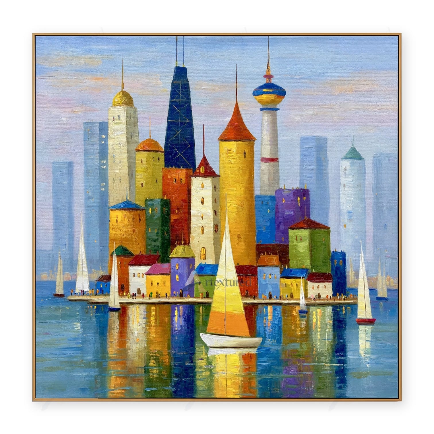 Colorful Harbor Skyline Wall Art – Hand-Painted Sailboat Canvas#wp261064