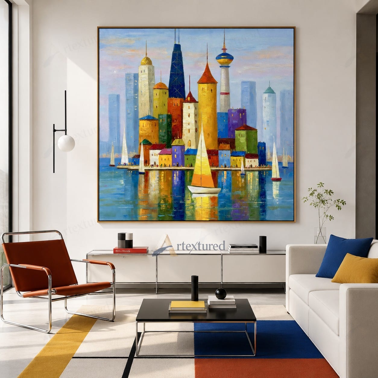 Colorful Harbor Skyline Wall Art – Hand-Painted Sailboat Canvas#wp261064