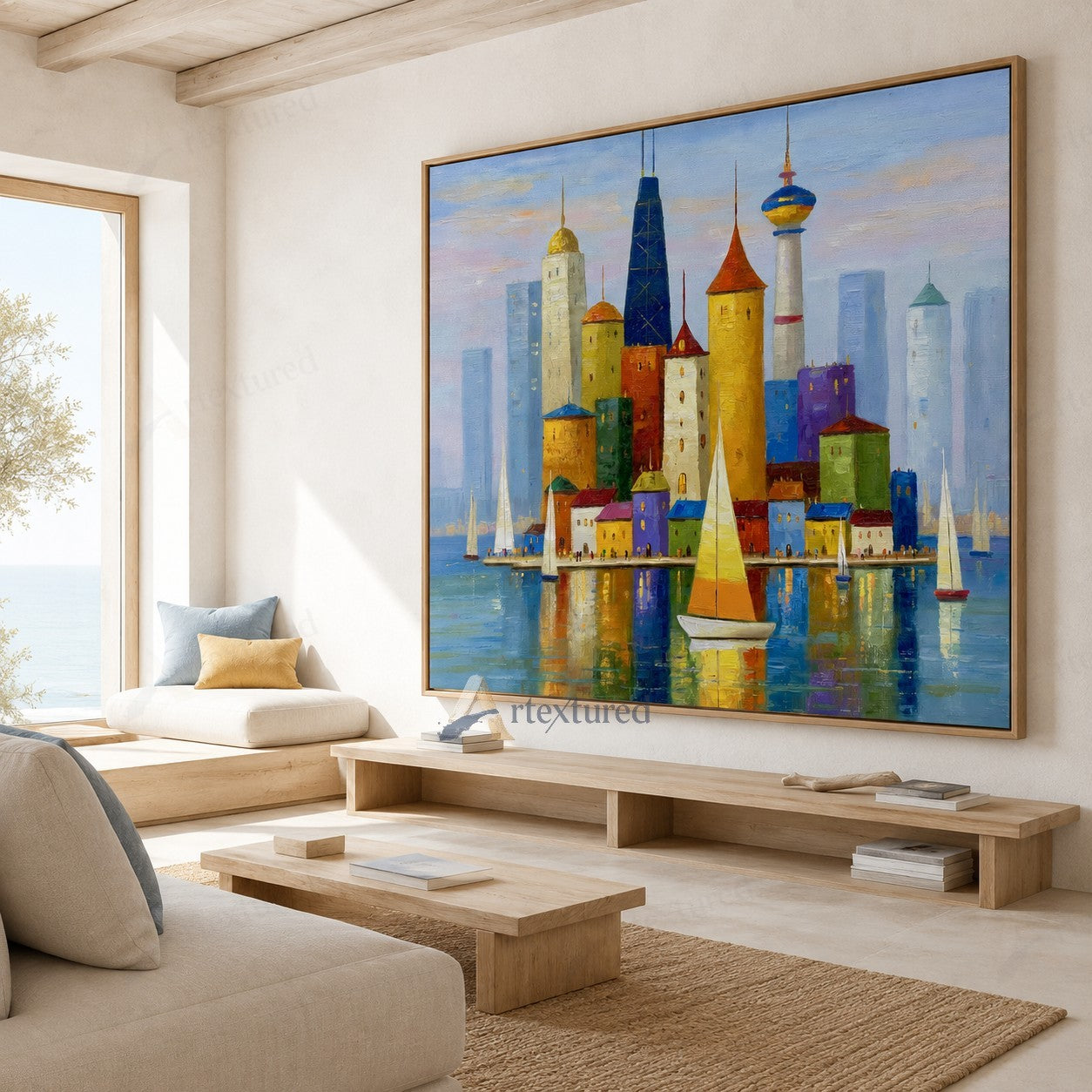 Colorful Harbor Skyline Wall Art – Hand-Painted Sailboat Canvas#wp261064